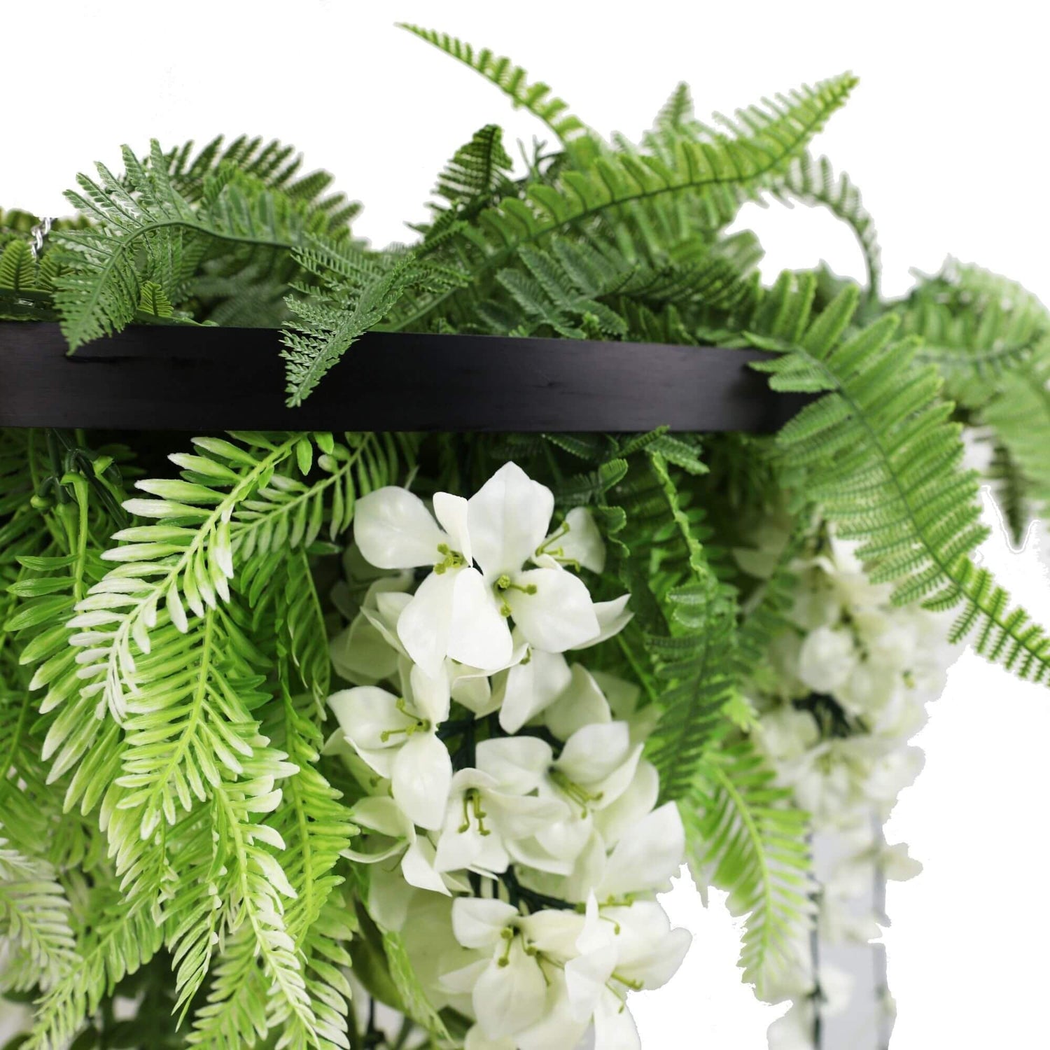 Black Framed Roof Hanging Disc With Draping Life - Like Wisteria Flowers UV Resistant 60cm - Designer Vertical Gardens artificial hanging fern plant artificial hanging ferns