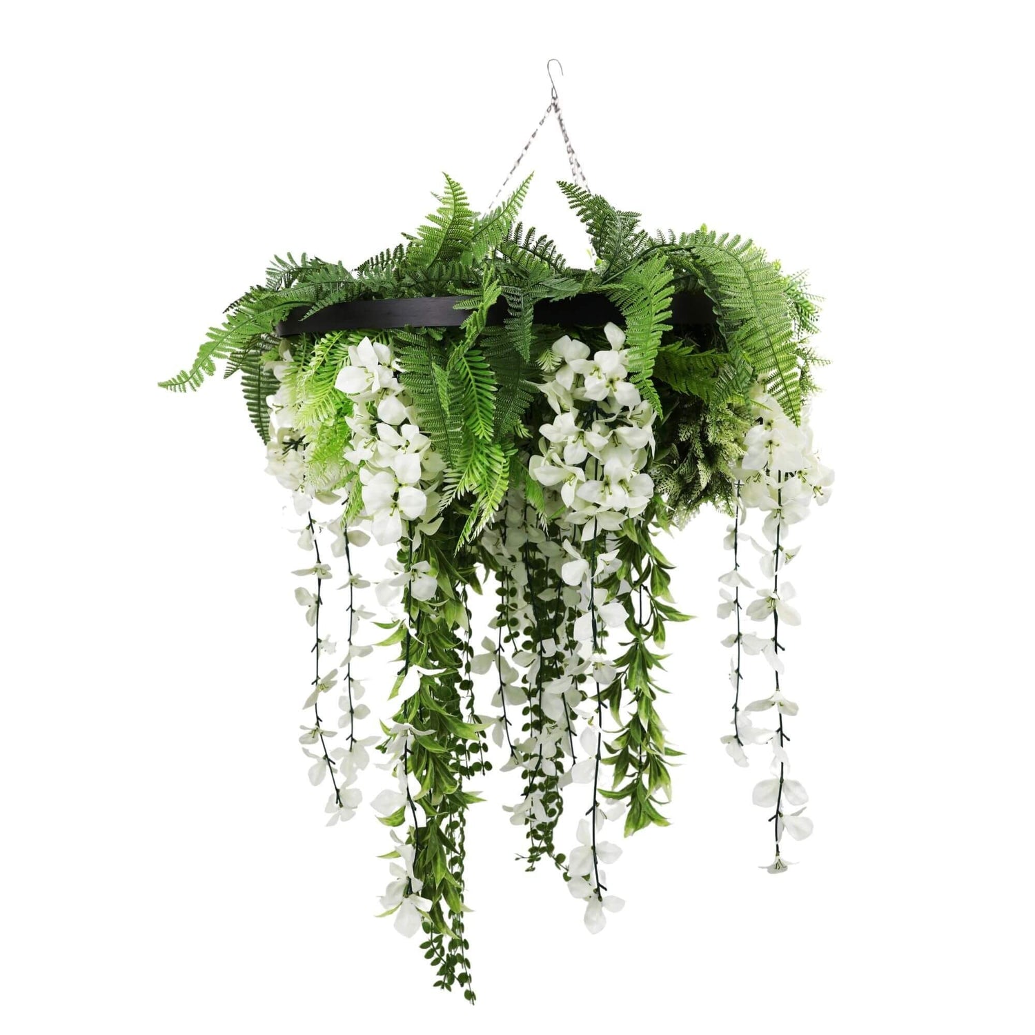 Black Framed Roof Hanging Disc With Draping Life - Like Wisteria Flowers UV Resistant 60cm - Designer Vertical Gardens artificial hanging fern plant artificial hanging ferns