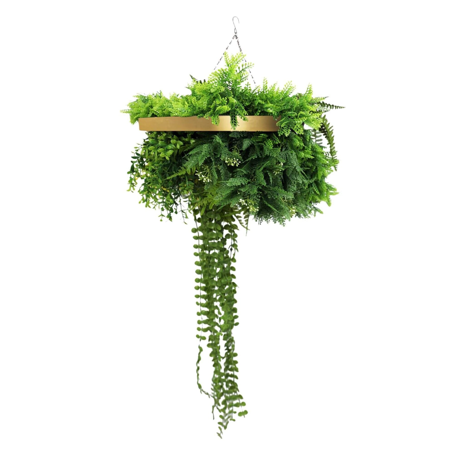 Gold Framed Roof Hanging Disc With Draping Life - Like Plants UV Resistant 40cm - Designer Vertical Gardens artificial hanging basket artificial hanging fern