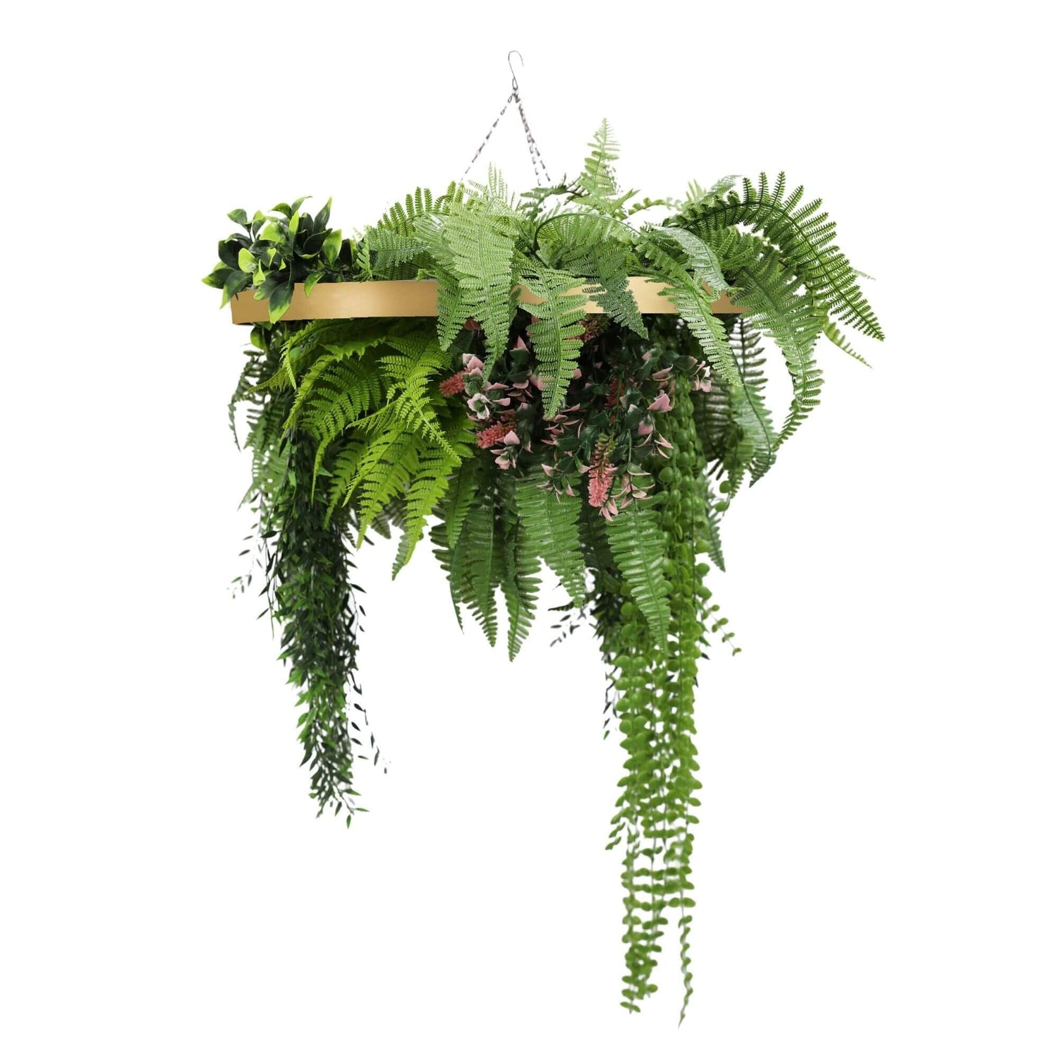 Gold Framed Roof Hanging Disc with Draping Life - Like Plants UV Resistant 60cm - Designer Vertical Gardens artificial hanging fern plant artificial hanging ferns