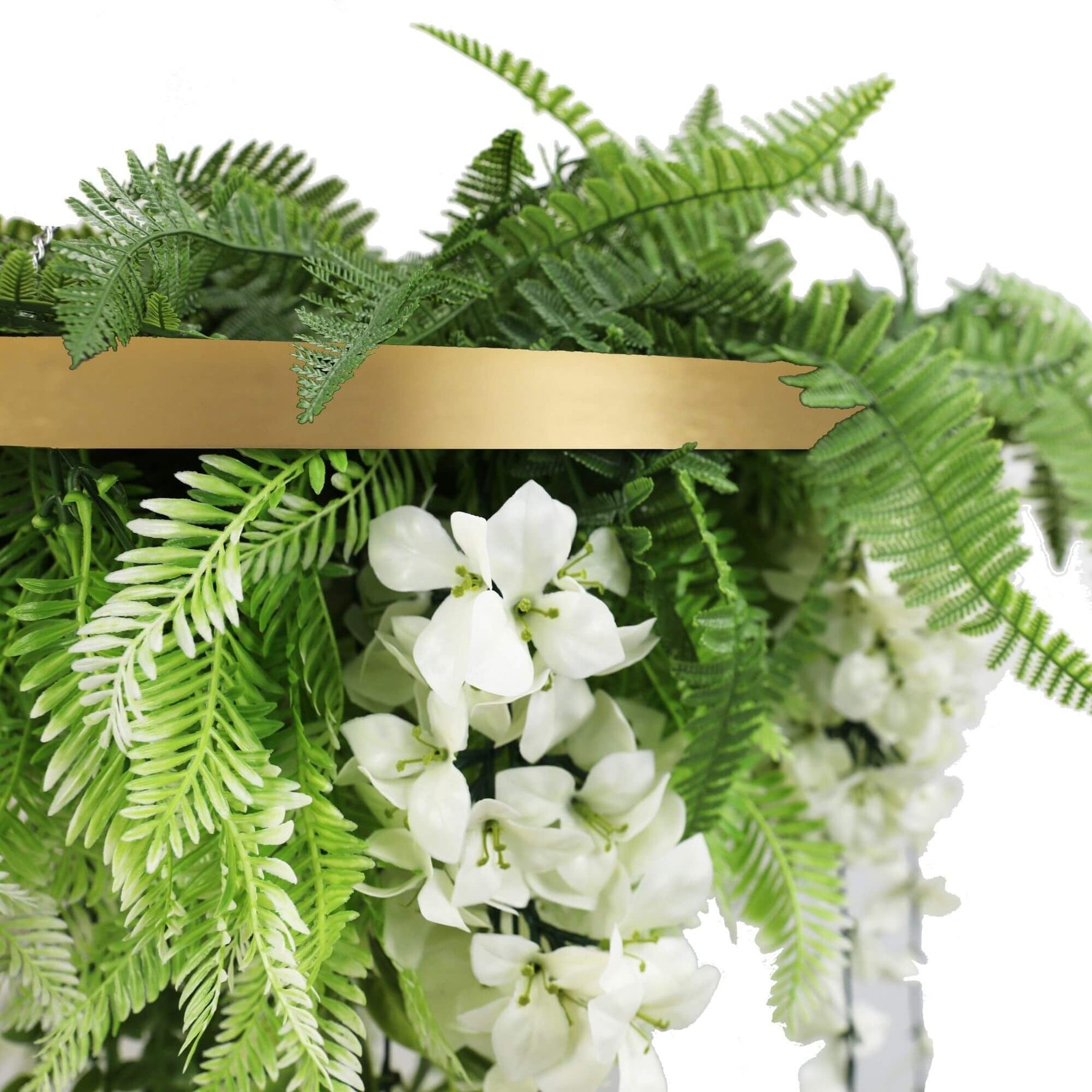 Gold Framed Roof Hanging Disc with Draping Life - Like Wisteria Flowers UV Resistant 60cm - Designer Vertical Gardens artificial hanging fern artificial hanging ferns