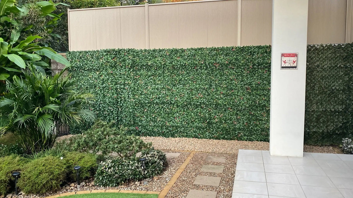 Photinia Artificial Hedge Panel / Fake Vertical Garden 1m x 1m UV Resistant - Designer Vertical Gardens artificial garden wall plants artificial green wall australia