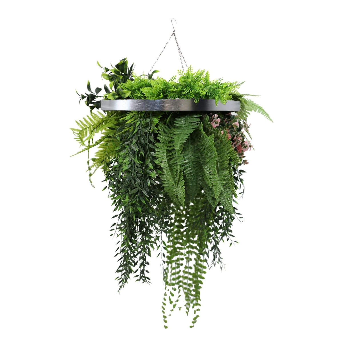 Silver Artificial Hanging Green Wall Disc 40cm UV Resistant - Designer Vertical Gardens artificial hanging basket artificial hanging ferns