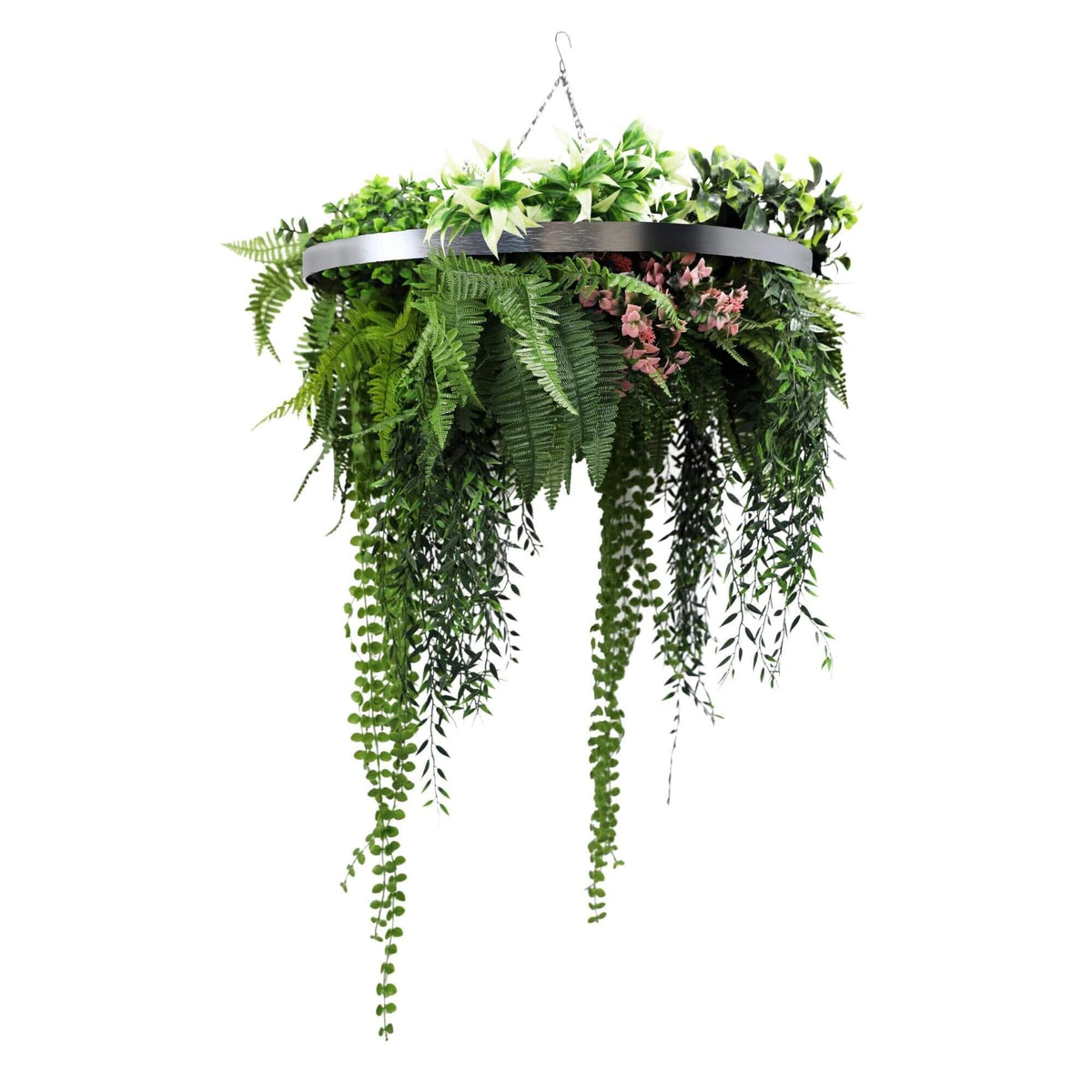 Silver Artificial Hanging Green Wall Disc 60cm UV Resistant - Designer Vertical Gardens artificial hanging basket artificial hanging ferns