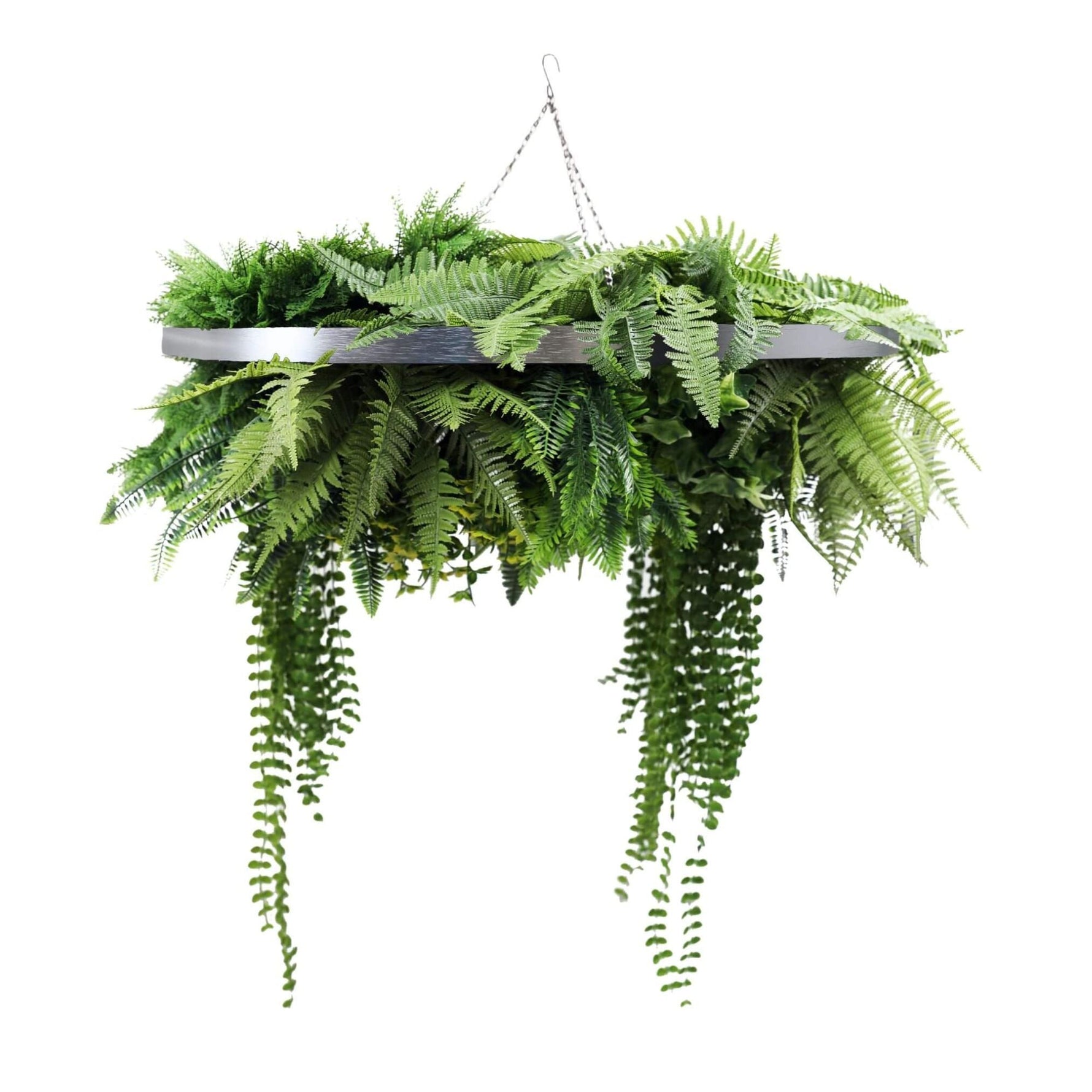 Silver Artificial Hanging Green Wall Disc 80cm UV Resistant Foliage - Designer Vertical Gardens artificial hanging fern plant artificial hanging ferns