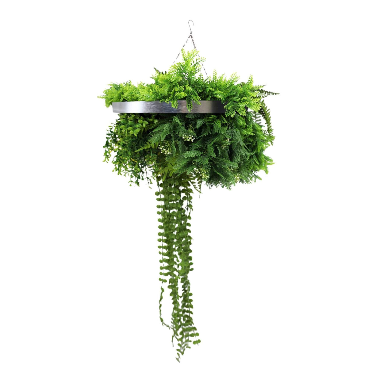 Silver Framed Roof Hanging Disc With Draping Life - Like Plants UV Resistant 40cm - Designer Vertical Gardens artificial hanging fern artificial hanging fern plant