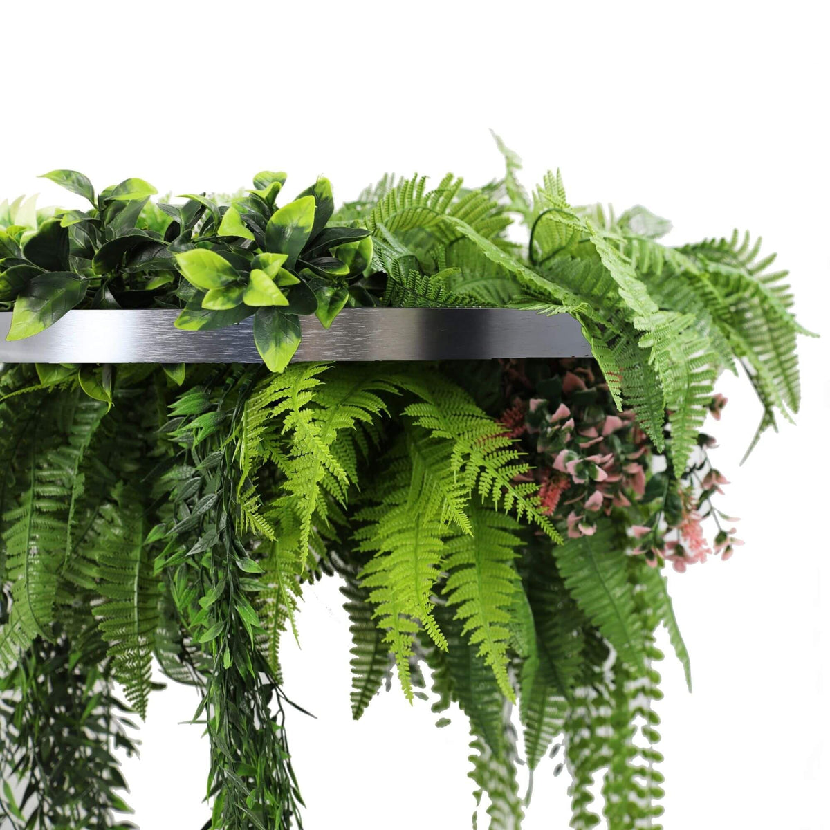 Silver Framed Roof Hanging Disc with Draping Life - Like Plants UV Resistant 60cm - Designer Vertical Gardens artificial hanging fern artificial hanging ferns