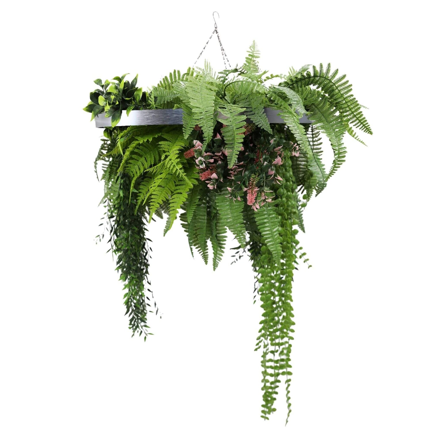 Silver Framed Roof Hanging Disc with Draping Life - Like Plants UV Resistant 60cm - Designer Vertical Gardens artificial hanging fern artificial hanging ferns