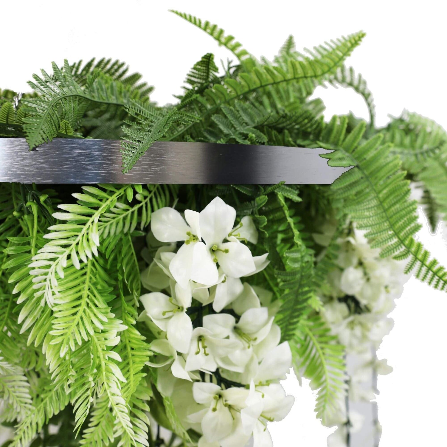 Silver Framed Roof Hanging Disc With Draping Life - Like Wisteria Flowers UV Resistant 60cm - Designer Vertical Gardens artificial hanging fern artificial hanging ferns