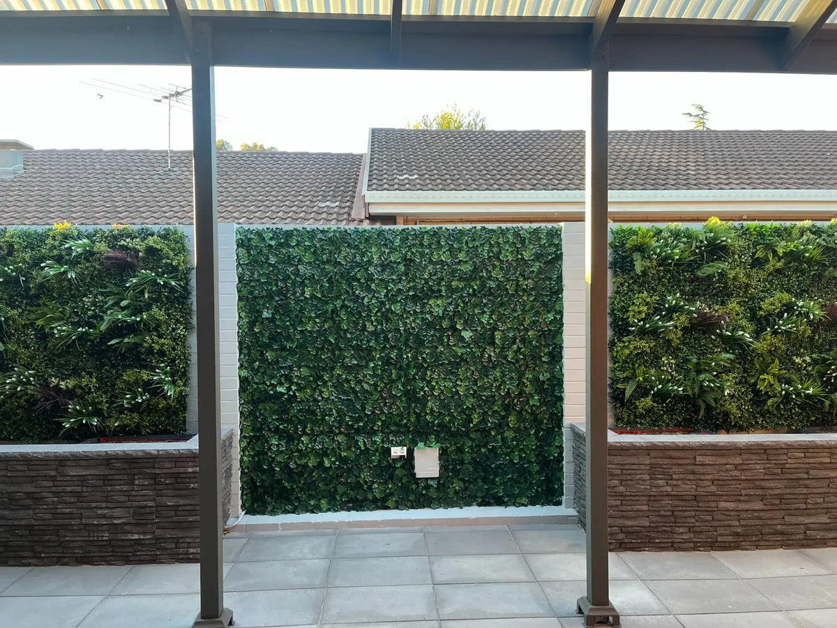 Variegated Boston Ivy Leaf Screen Green Wall Panel UV Resistant 1m X 1m (Solid Backing) - Designer Vertical Gardens artificial green walls for backdrops artificial green walls for events