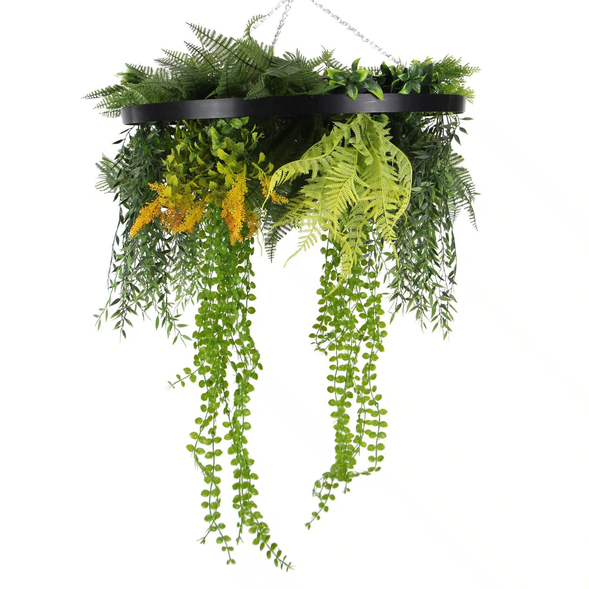 Black Framed Roof Hanging Disc With Draping Life-Like Plants 60cm - Designer Vertical Gardens hanging plants