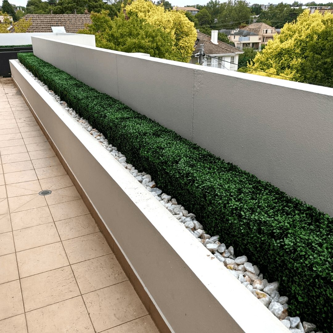 Portable Artificial Boxwood Hedge UV Resistant 25cm High 100cm Long - Designer Vertical Gardens artificial green wall sydney artificial hedge fence panels