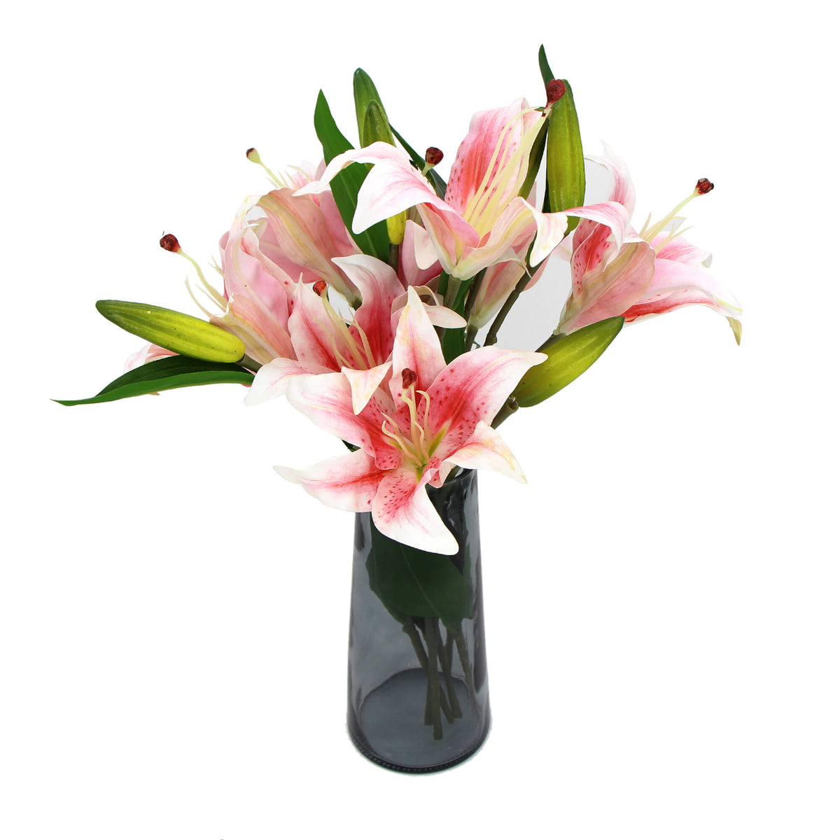 Premium Faux Pink Lily In Glass Vase (Artificial Tiger Lily Arrangement) - Designer Vertical Gardens