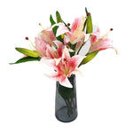 Premium Faux Pink Lily In Glass Vase (Artificial Tiger Lily Arrangement) - Designer Vertical Gardens