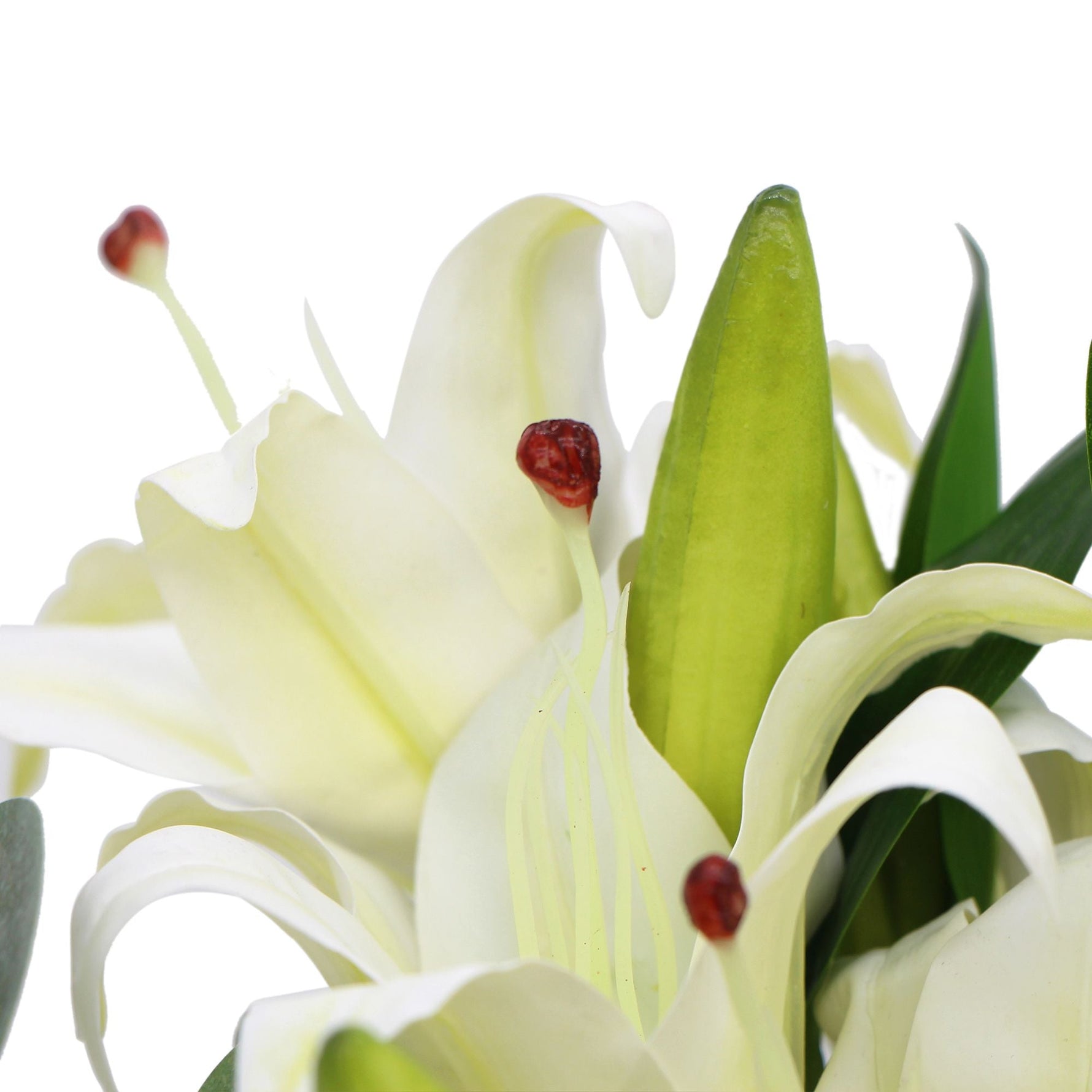 Premium Faux White Lily In Glass Vase (Tiger Lily Bouquet With Eucalyptus) - Designer Vertical Gardens Flowering plants