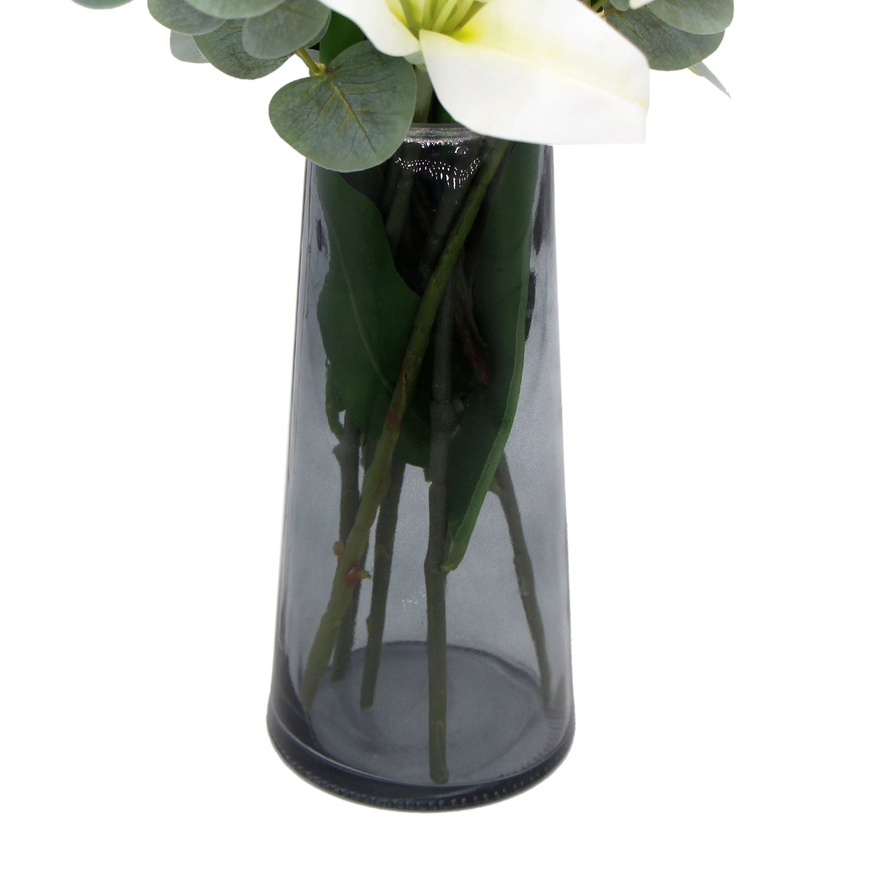 Premium Faux White Lily In Glass Vase (Tiger Lily Bouquet With Eucalyptus) - Designer Vertical Gardens Flowering plants