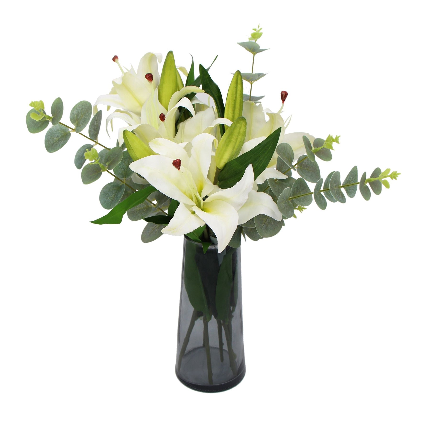 Premium Faux White Lily In Glass Vase (Tiger Lily Bouquet With Eucalyptus) - Designer Vertical Gardens Flowering plants