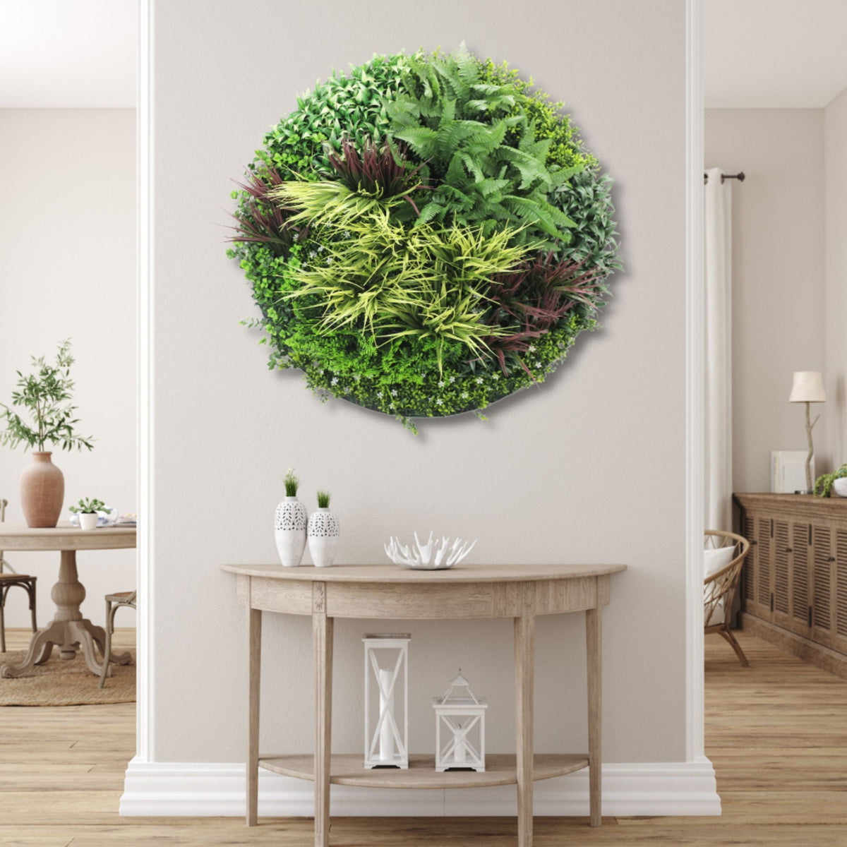 Slimline Artificial Green Wall Disc Art 100cm Grassy Fern UV Resistant (White) - Designer Vertical Gardens Artificial vertical garden wall disc